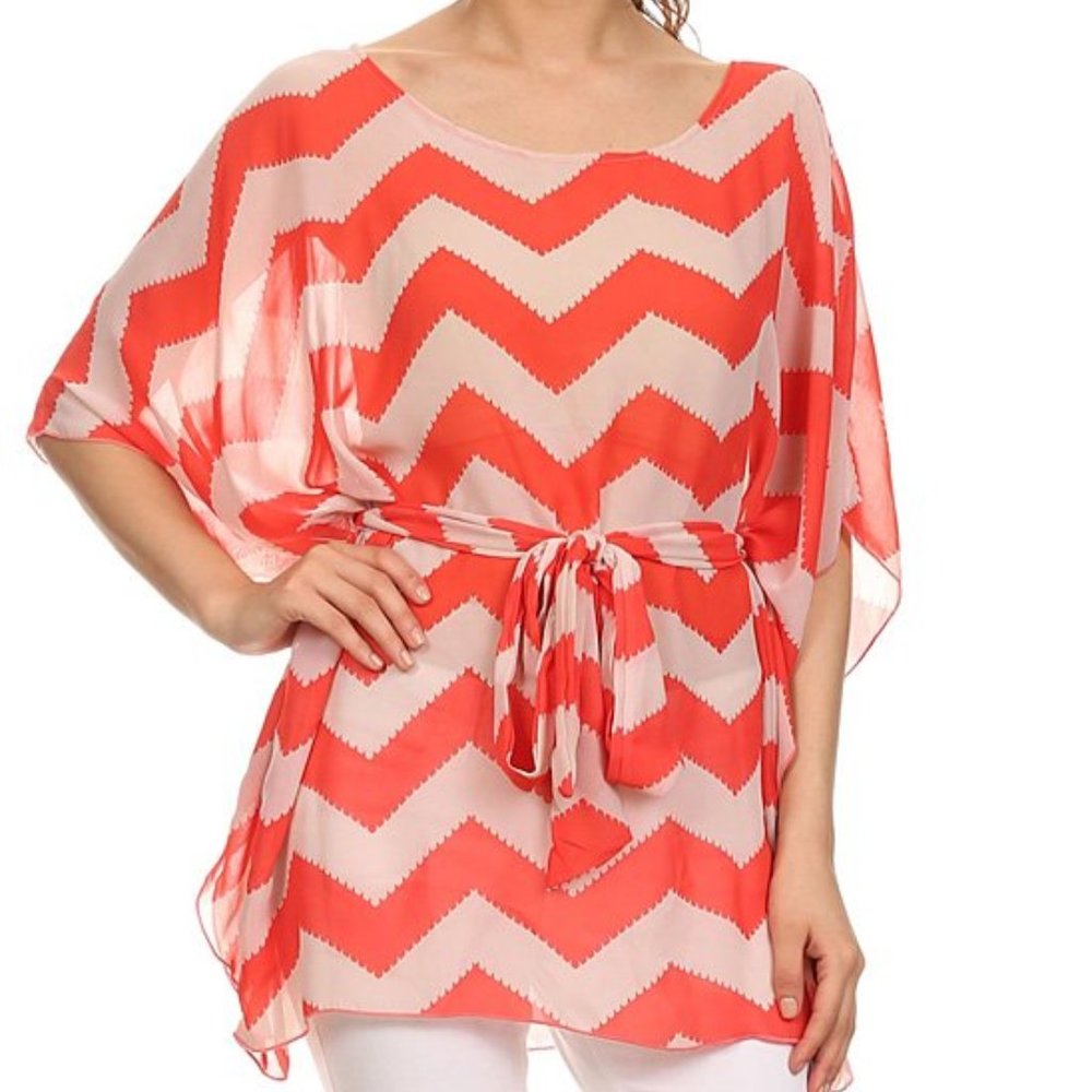 Coral & Beige Chevron Cape-Sleeve Top